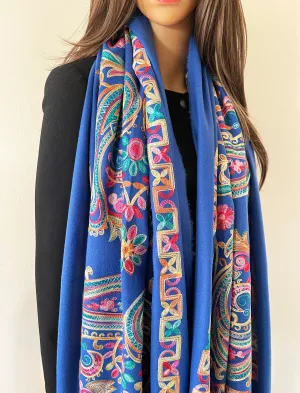 LARGE BLUE COLOURFUL PAISLEY CASHMERE COTTON BLEND WINTER SHAWL BLANKET SCARF