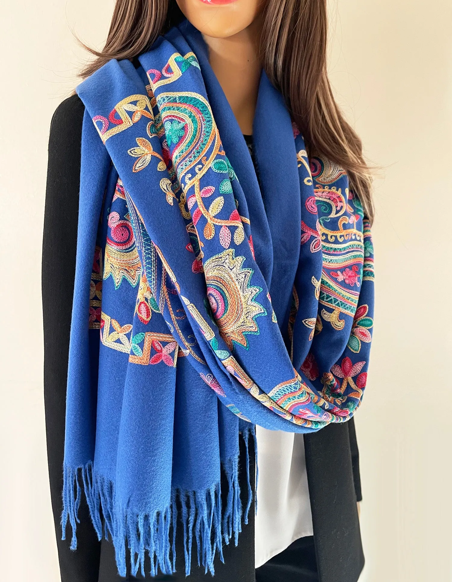 LARGE BLUE COLOURFUL PAISLEY CASHMERE COTTON BLEND WINTER SHAWL BLANKET SCARF