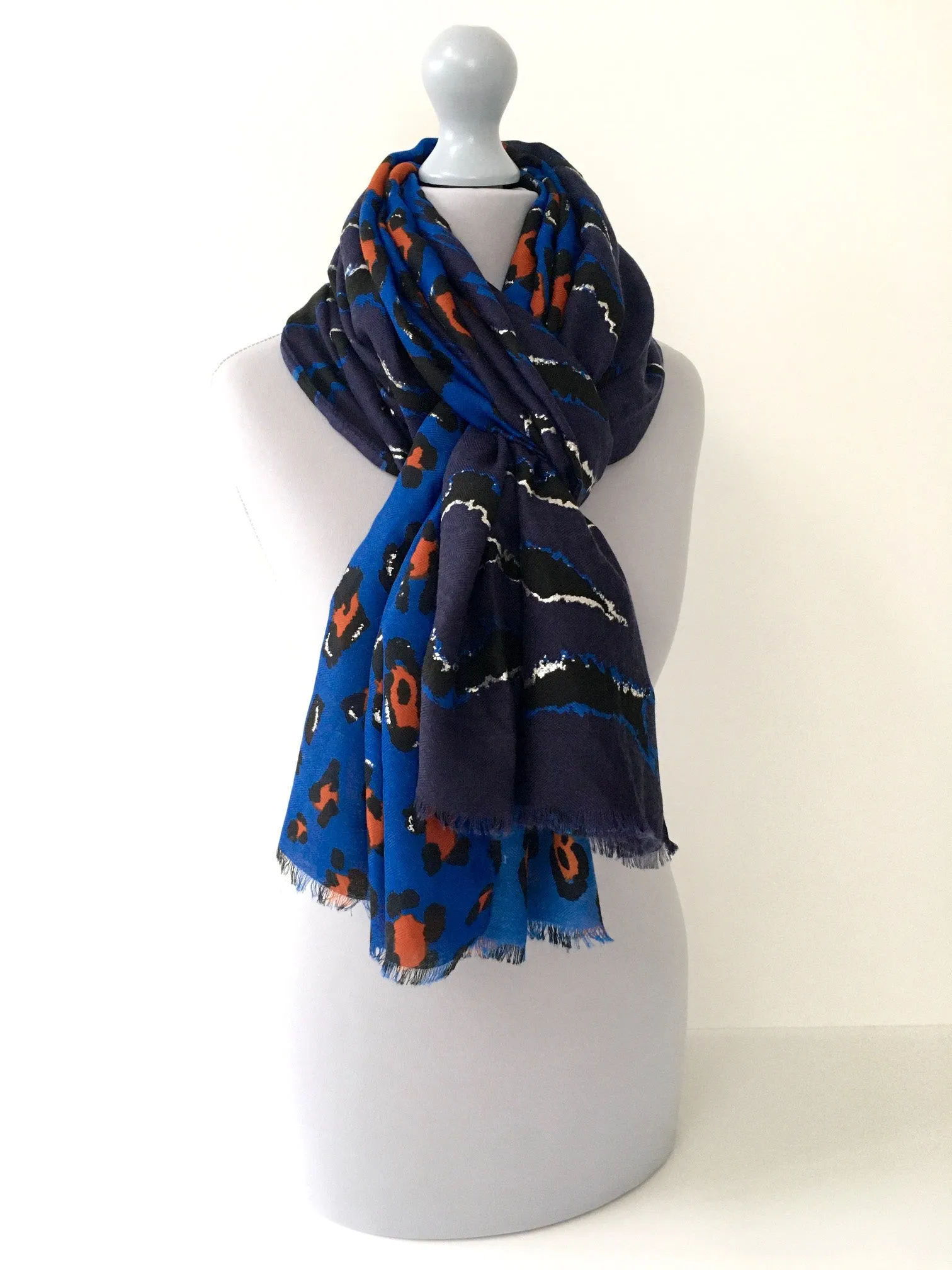 LARGE BLUE ZEBRA AND LEOPARD PRINT SHAWL SCARF