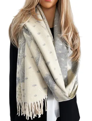 LARGE CREAM CASHMERE FEATHER PRINT REVERSIBLE WINTER SHAWL BLANKET SCARF