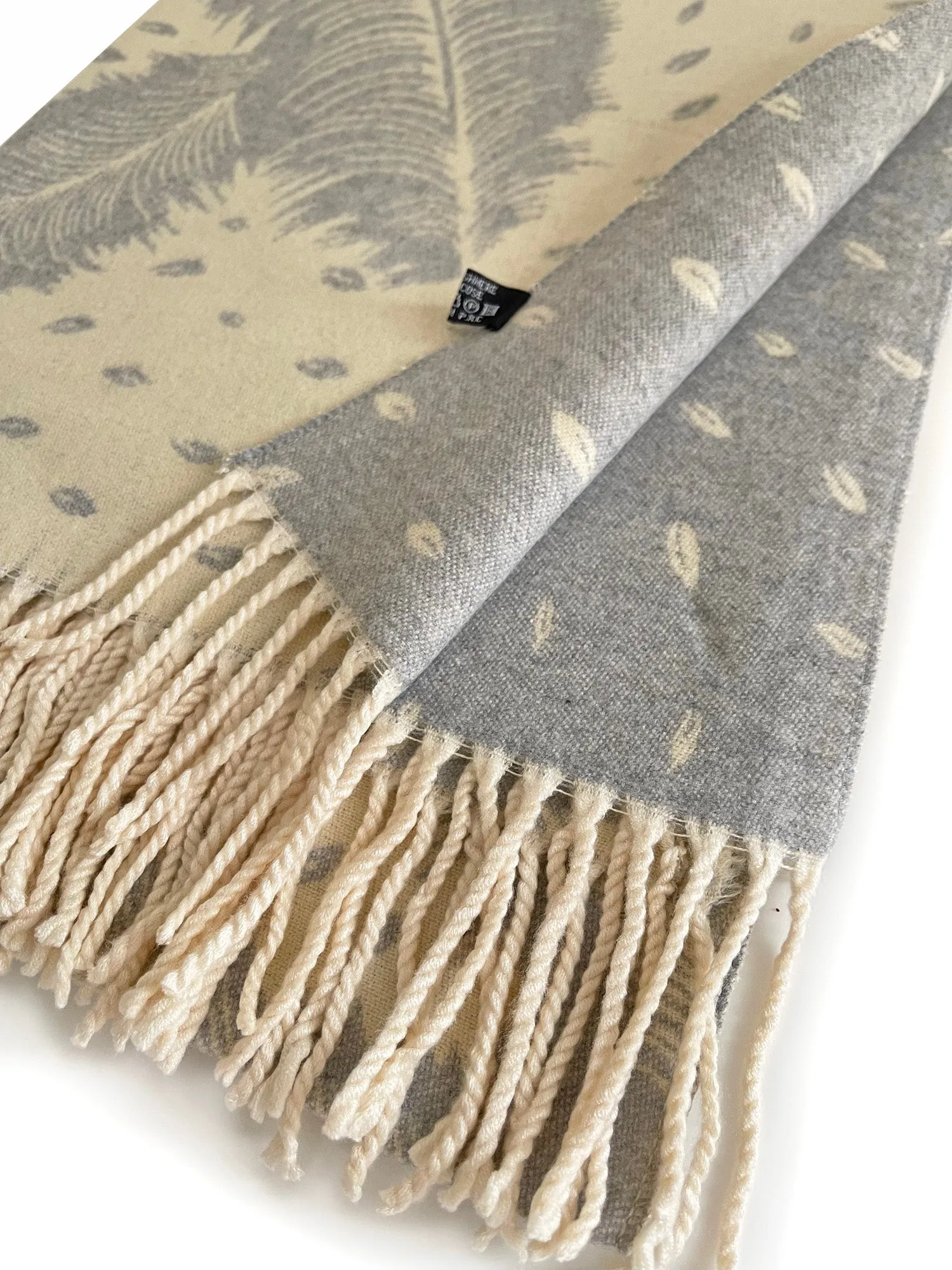 LARGE CREAM CASHMERE FEATHER PRINT REVERSIBLE WINTER SHAWL BLANKET SCARF