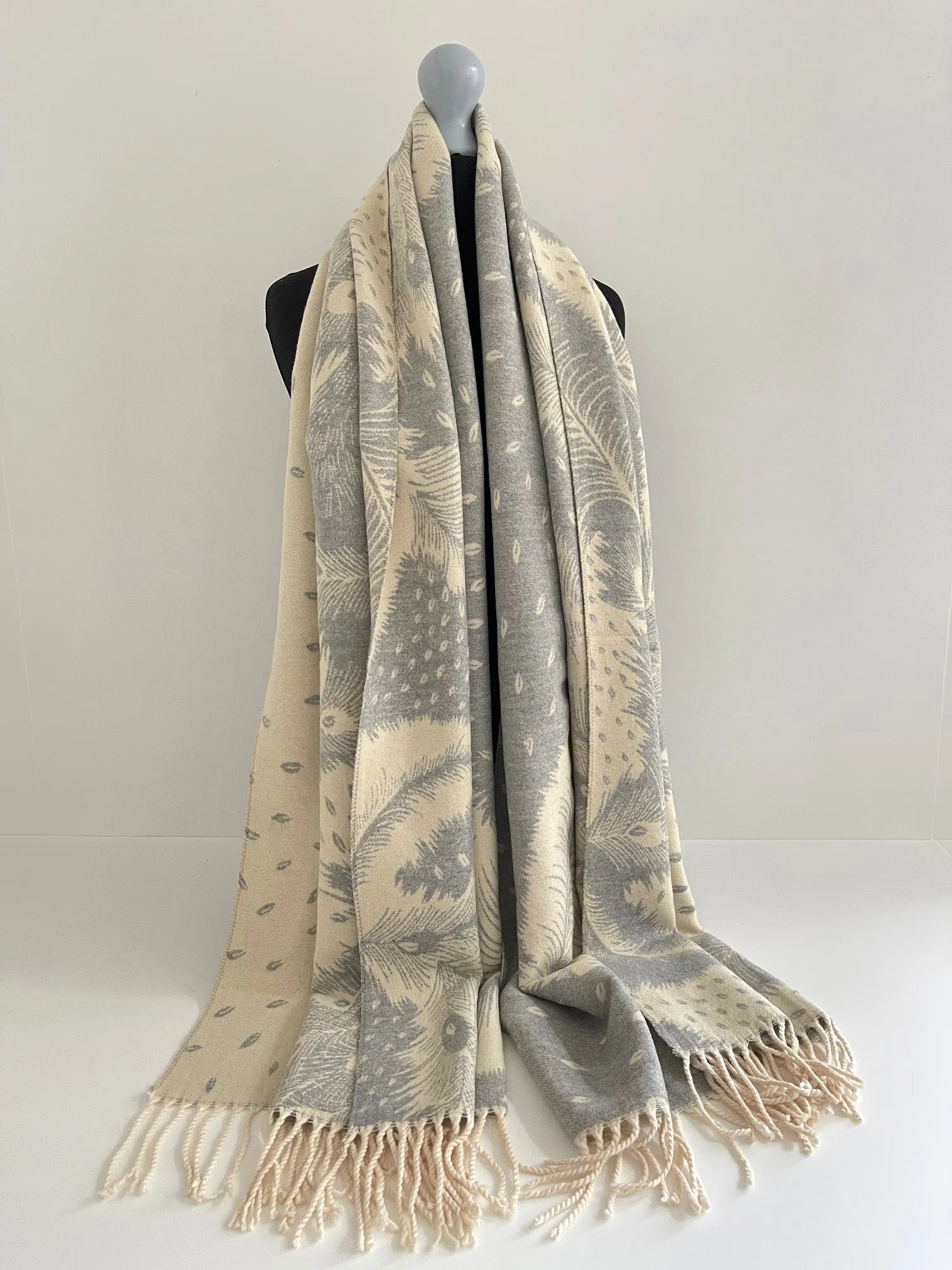 LARGE CREAM CASHMERE FEATHER PRINT REVERSIBLE WINTER SHAWL BLANKET SCARF