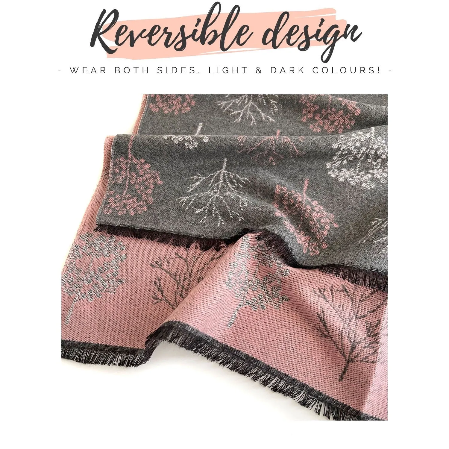 LARGE GREY BLUSH SKANDI TREE REVERSIBLE WINTER SHAWL WRAP BLANKET SCARF