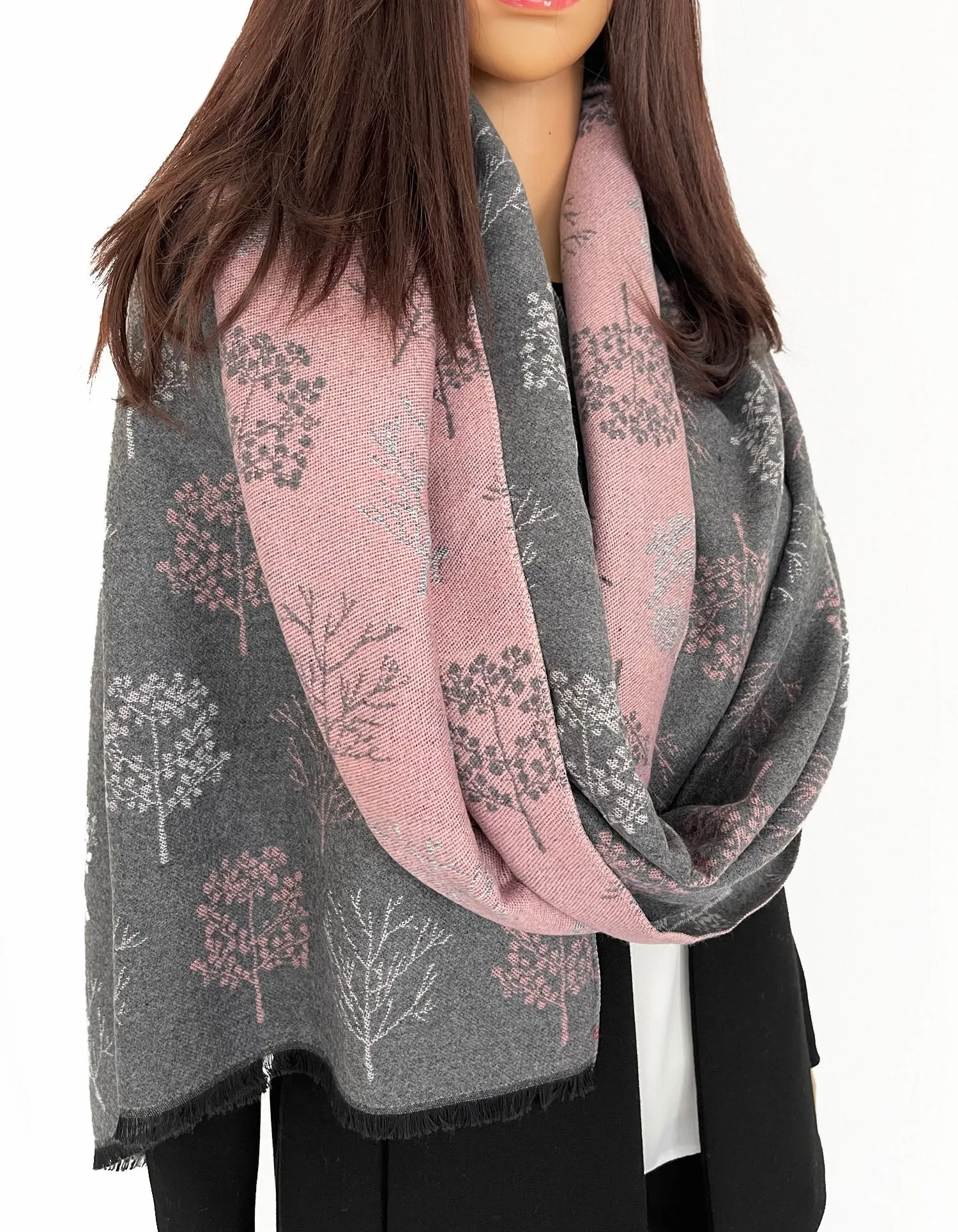 LARGE GREY BLUSH SKANDI TREE REVERSIBLE WINTER SHAWL WRAP BLANKET SCARF