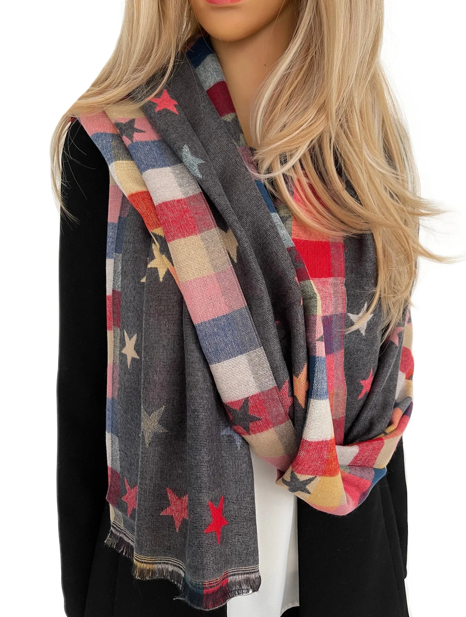 LARGE GREY STAR PRINT REVERSIBLE WINTER SHAWL BLANKET SCARF