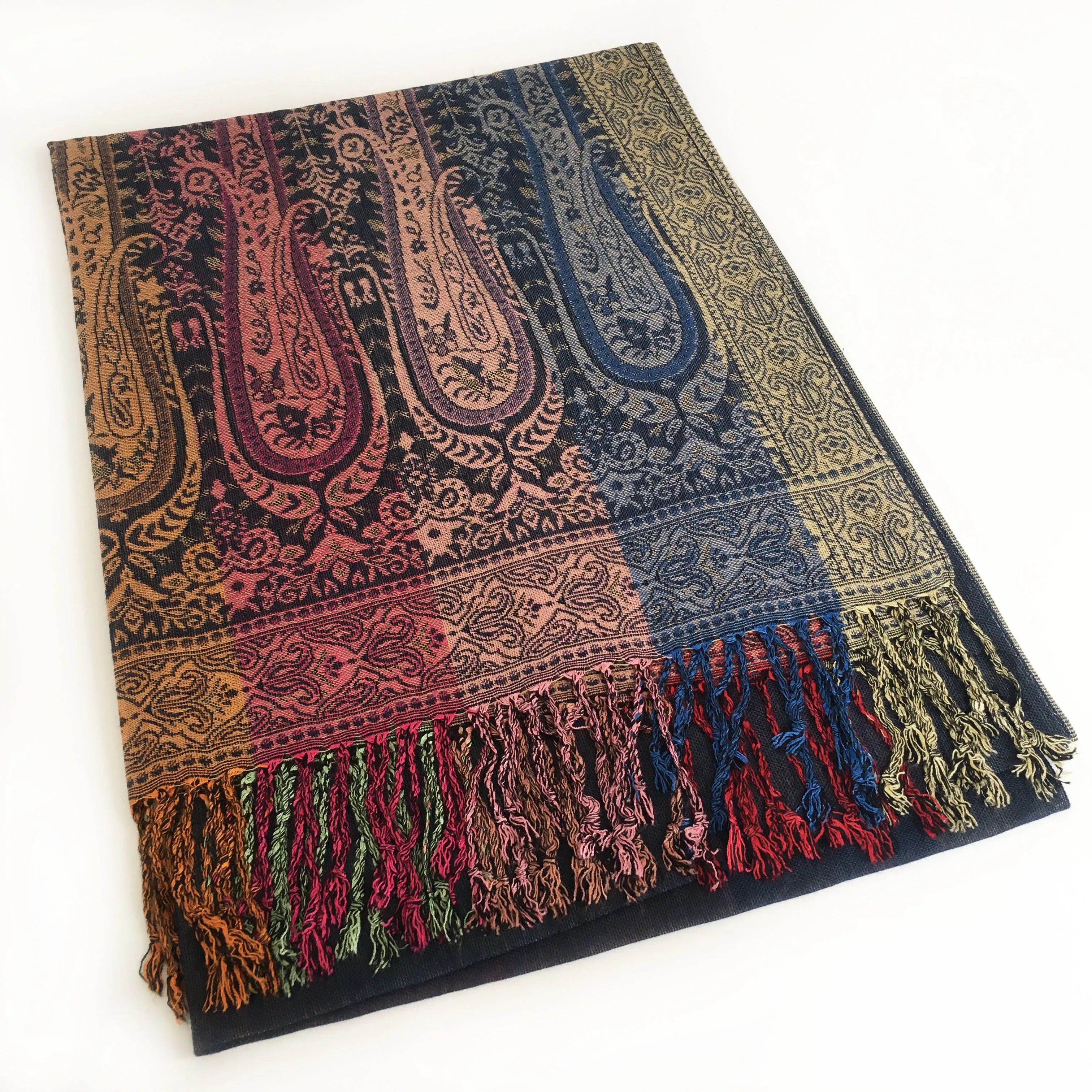 LARGE NAVY BLUE RAINBOW MULTI COLOUR PAISLEY PRINT PASHMINA SHAWL SCARF