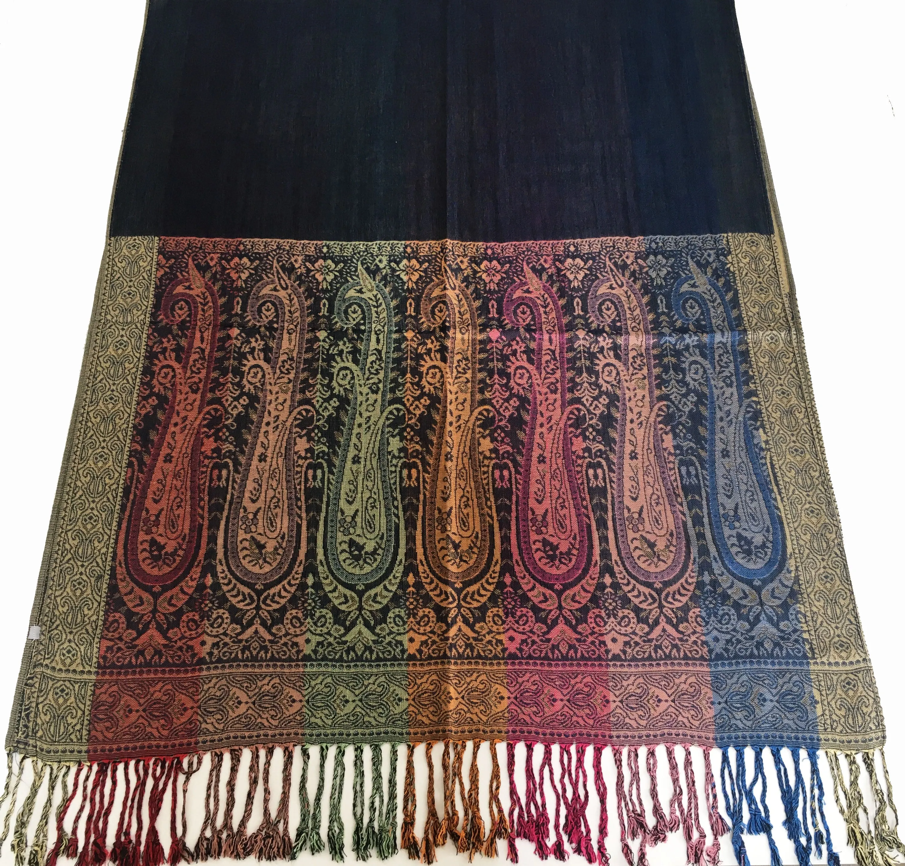 LARGE NAVY BLUE RAINBOW MULTI COLOUR PAISLEY PRINT PASHMINA SHAWL SCARF