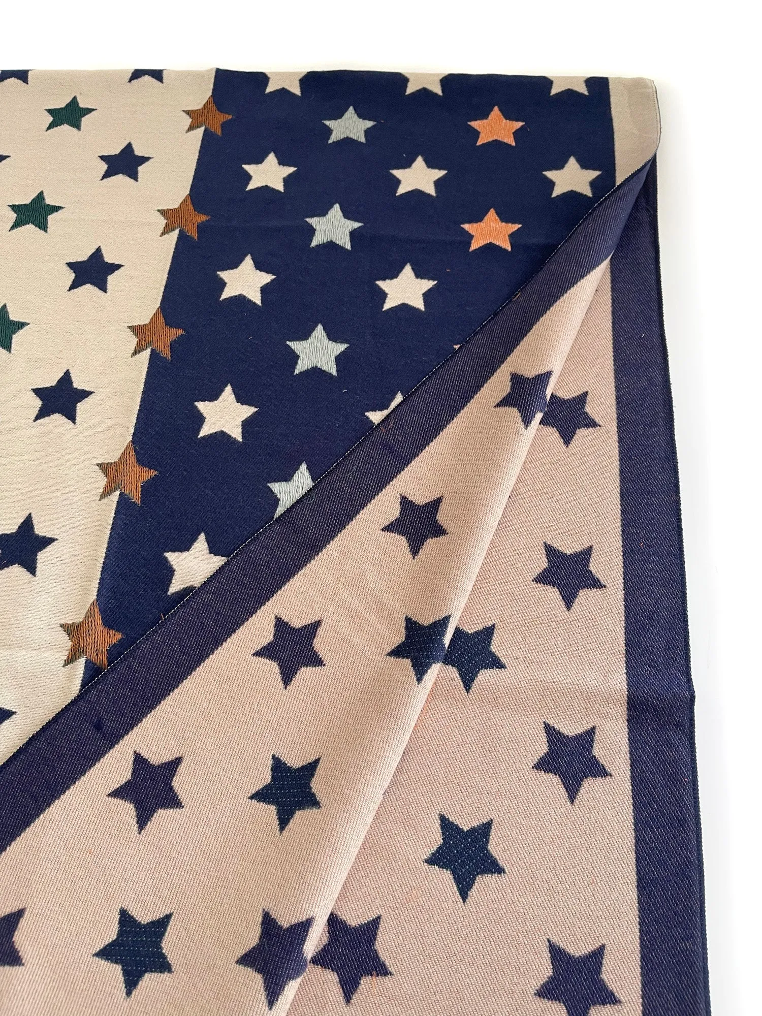 LARGE NAVY BLUE WOOL STAR PRINT REVERSIBLE WINTER SHAWL BLANKET SCARF