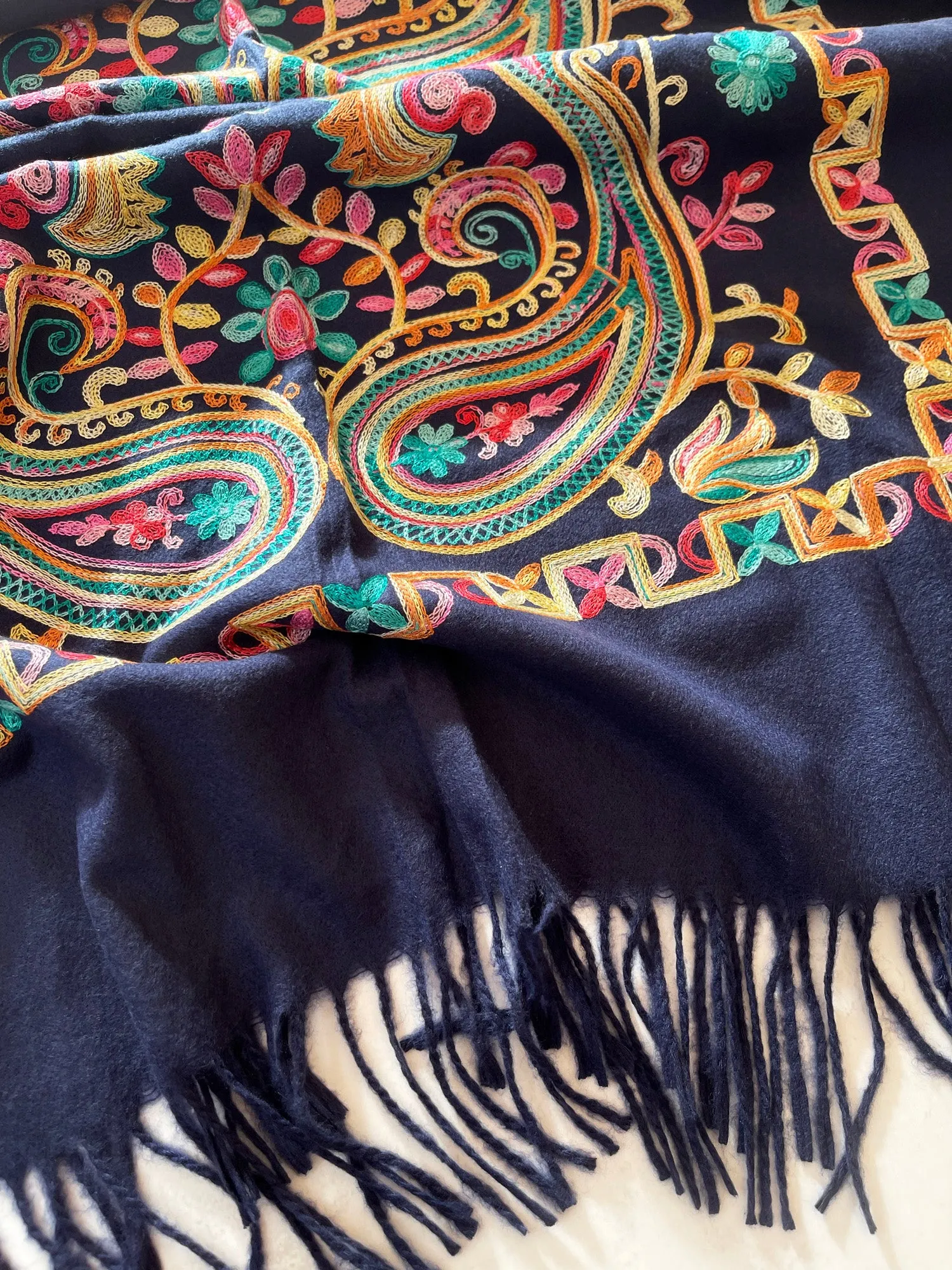 LARGE NAVY COLOURFUL PAISLEY CASHMERE COTTON BLEND WINTER SHAWL BLANKET SCARF