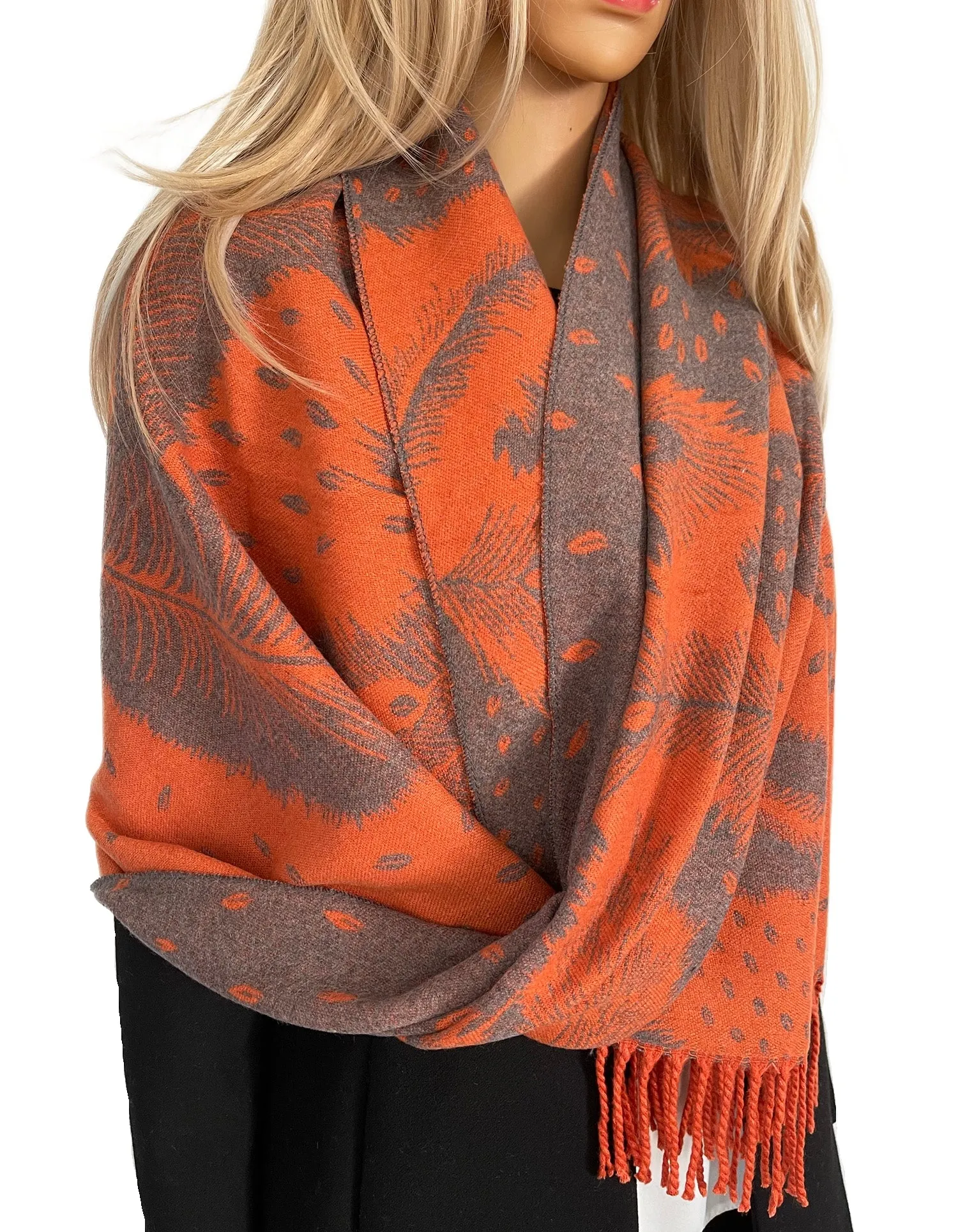 LARGE ORANGE CASHMERE FEATHER PRINT REVERSIBLE WINTER SHAWL BLANKET SCARF