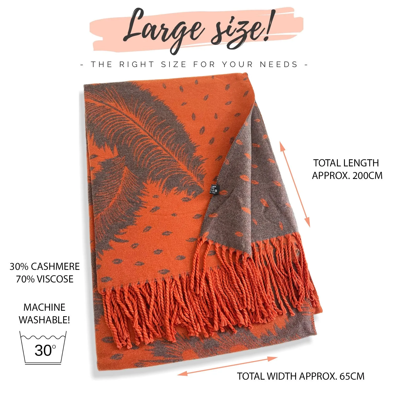 LARGE ORANGE CASHMERE FEATHER PRINT REVERSIBLE WINTER SHAWL BLANKET SCARF