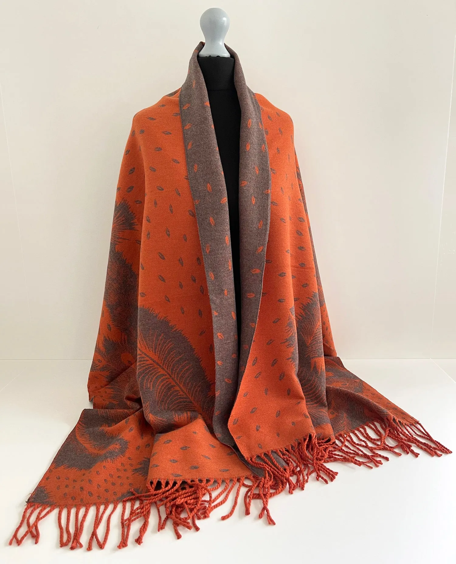 LARGE ORANGE CASHMERE FEATHER PRINT REVERSIBLE WINTER SHAWL BLANKET SCARF