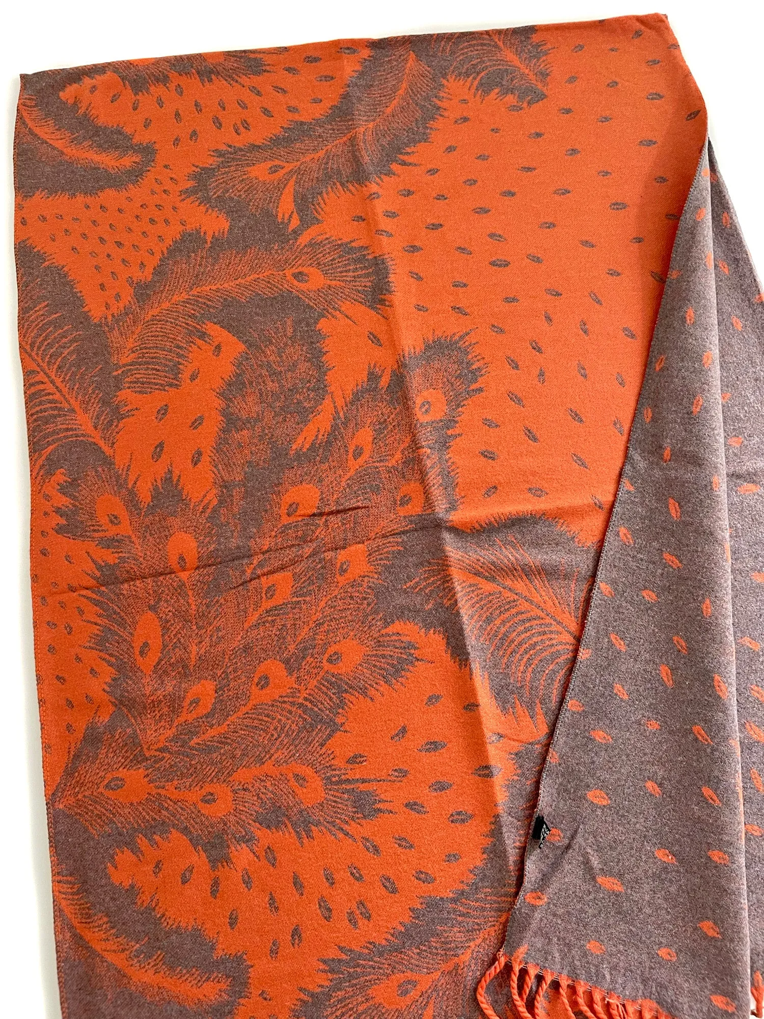 LARGE ORANGE CASHMERE FEATHER PRINT REVERSIBLE WINTER SHAWL BLANKET SCARF