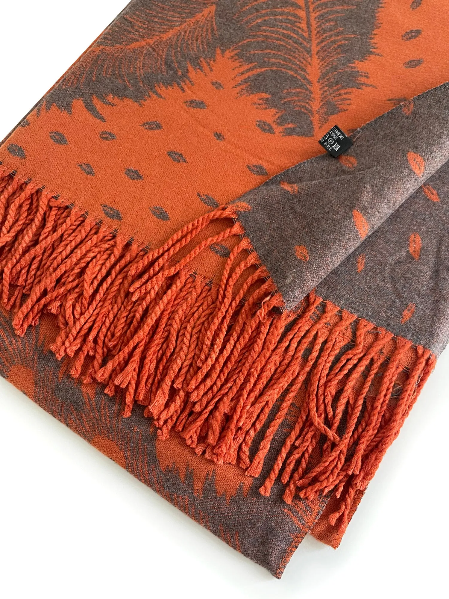 LARGE ORANGE CASHMERE FEATHER PRINT REVERSIBLE WINTER SHAWL BLANKET SCARF