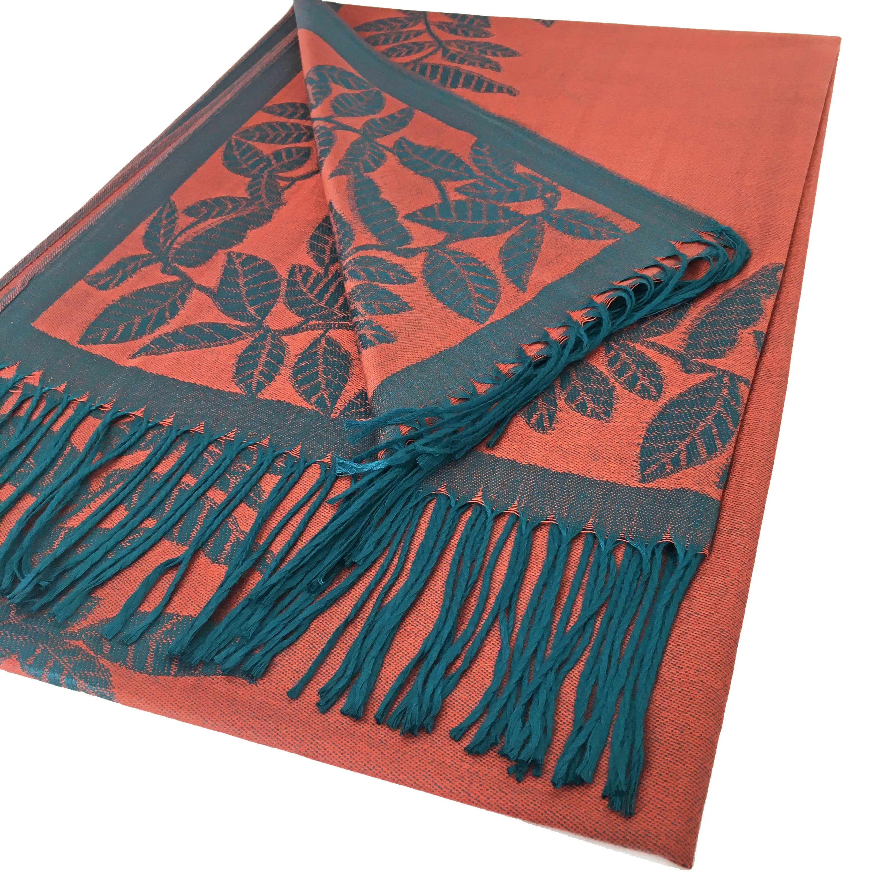 LARGE ORANGE TEAL LEAF PRINT REVERSIBLE PASHMINA SHAWL SCARF