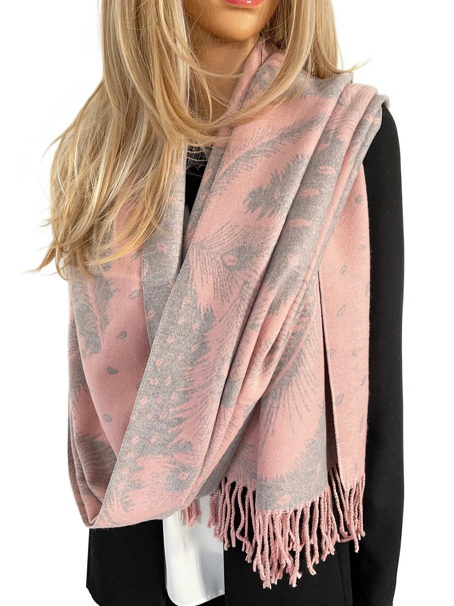 LARGE PINK CASHMERE FEATHER PRINT REVERSIBLE WINTER SHAWL BLANKET SCARF