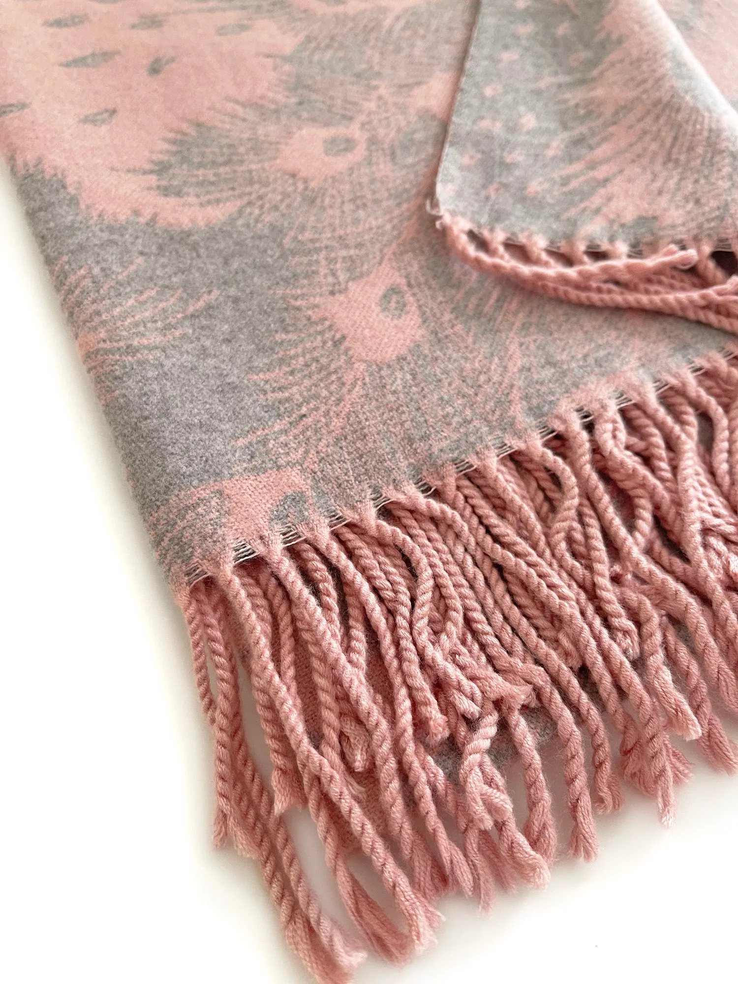 LARGE PINK CASHMERE FEATHER PRINT REVERSIBLE WINTER SHAWL BLANKET SCARF