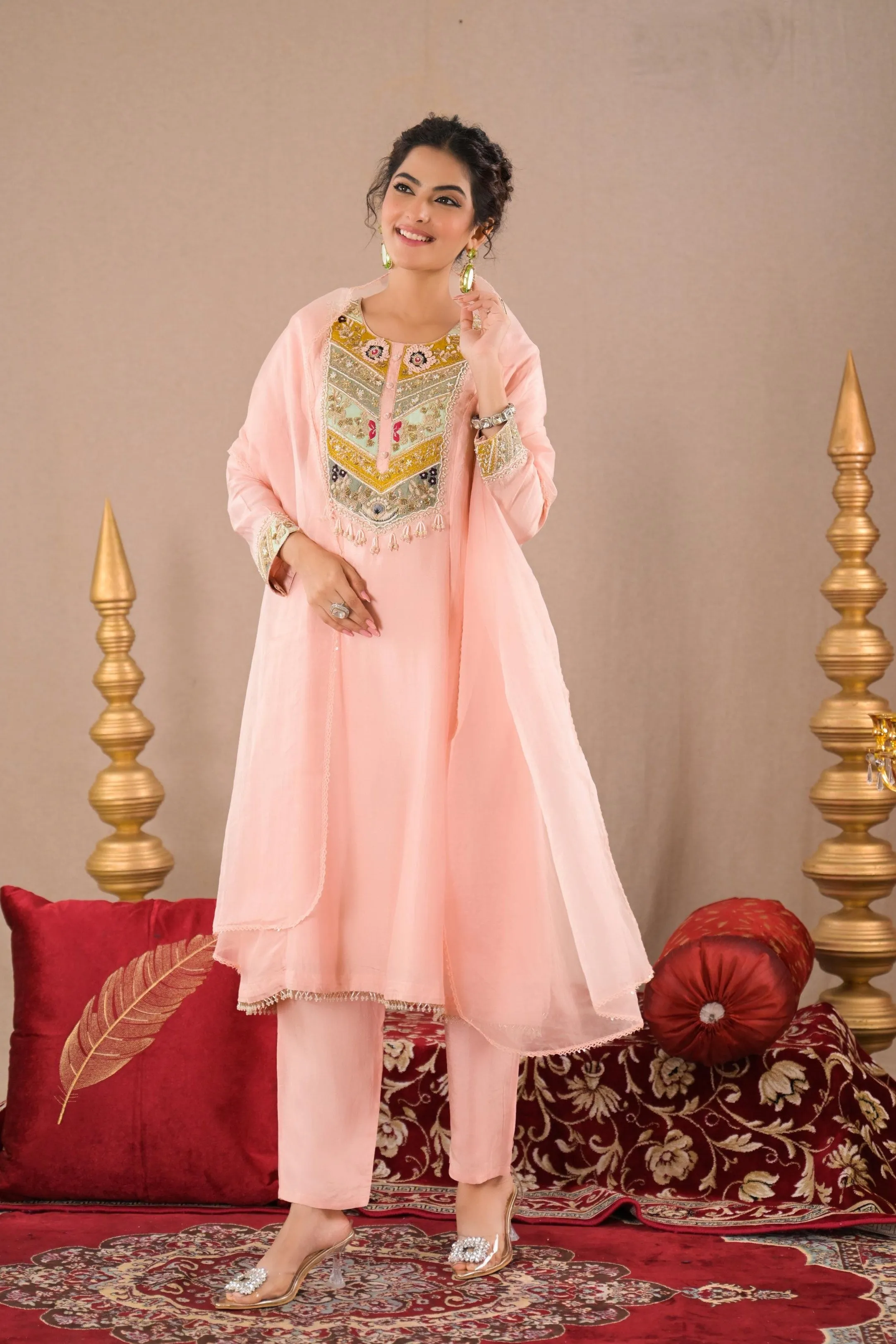 Light Peach Embroidered Raw Silk Pants Set