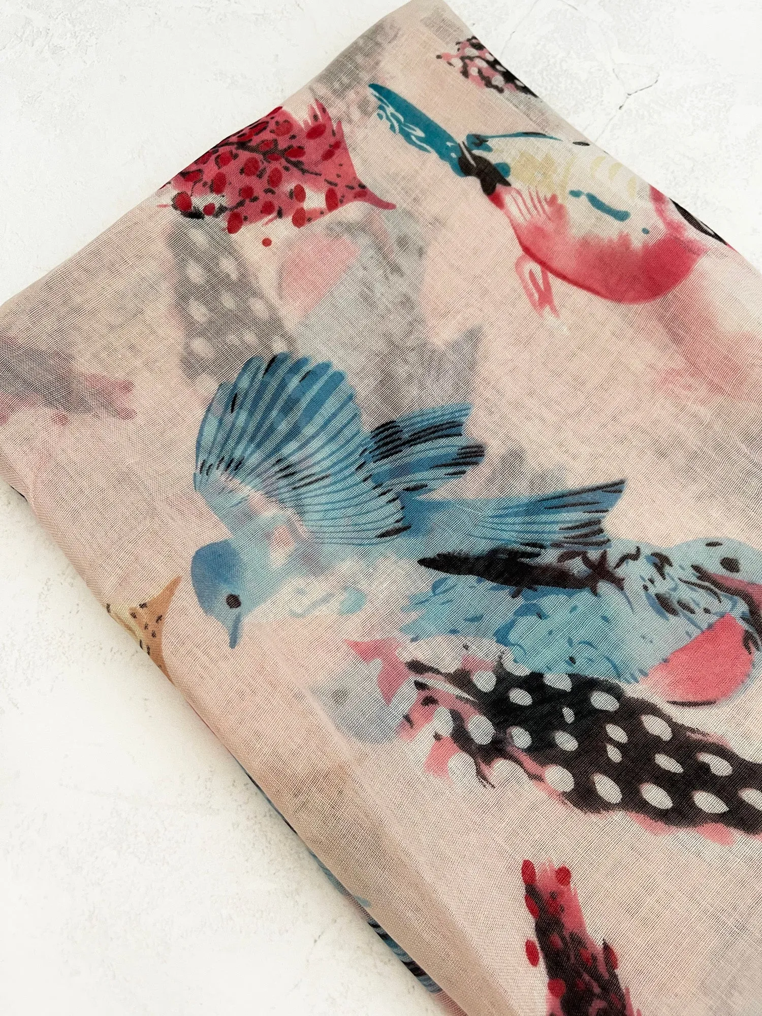 LIGHTWEIGHT BLUSH PINK BIRDS AND FEATHERS SCARF