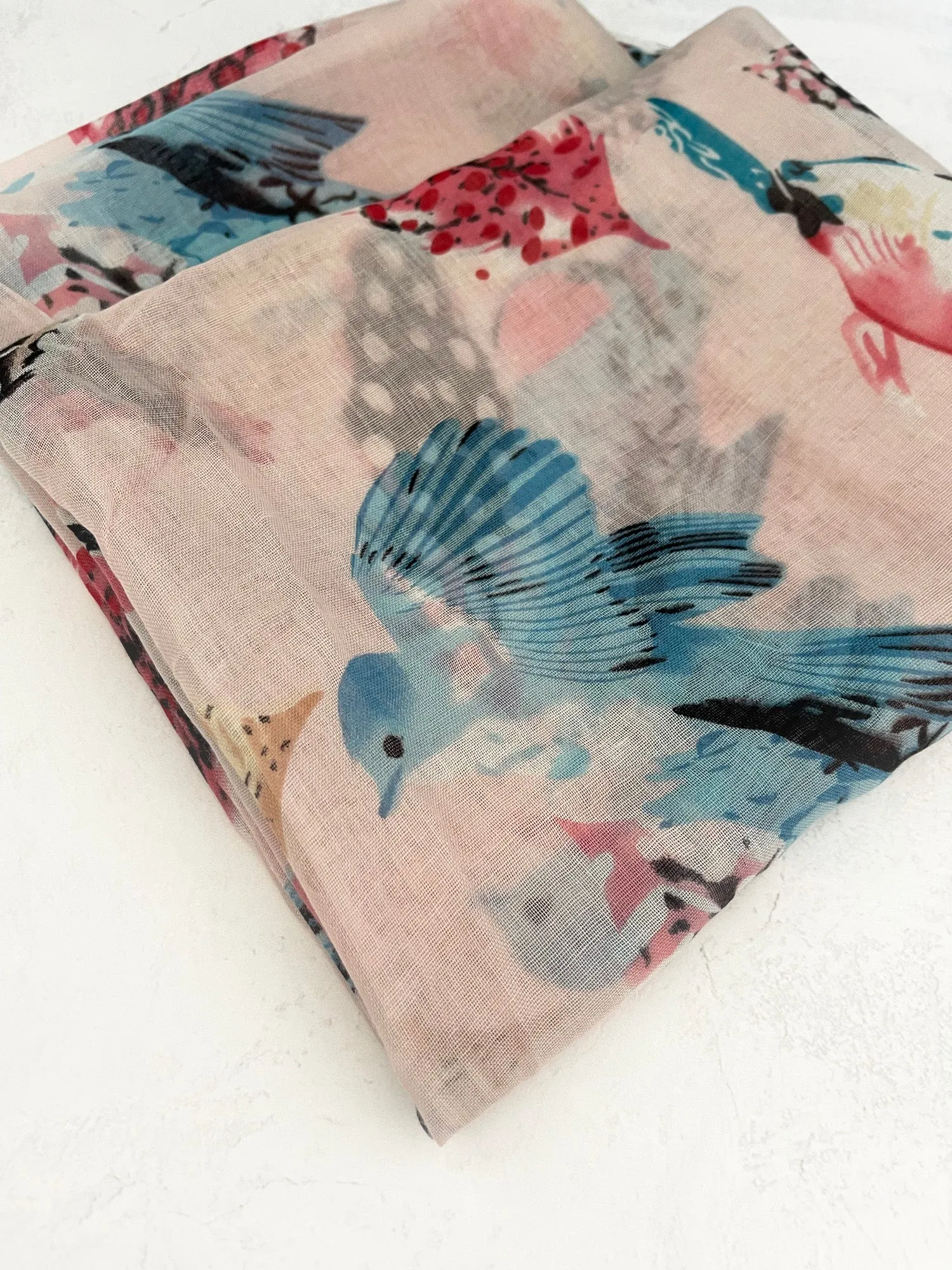 LIGHTWEIGHT BLUSH PINK BIRDS AND FEATHERS SCARF