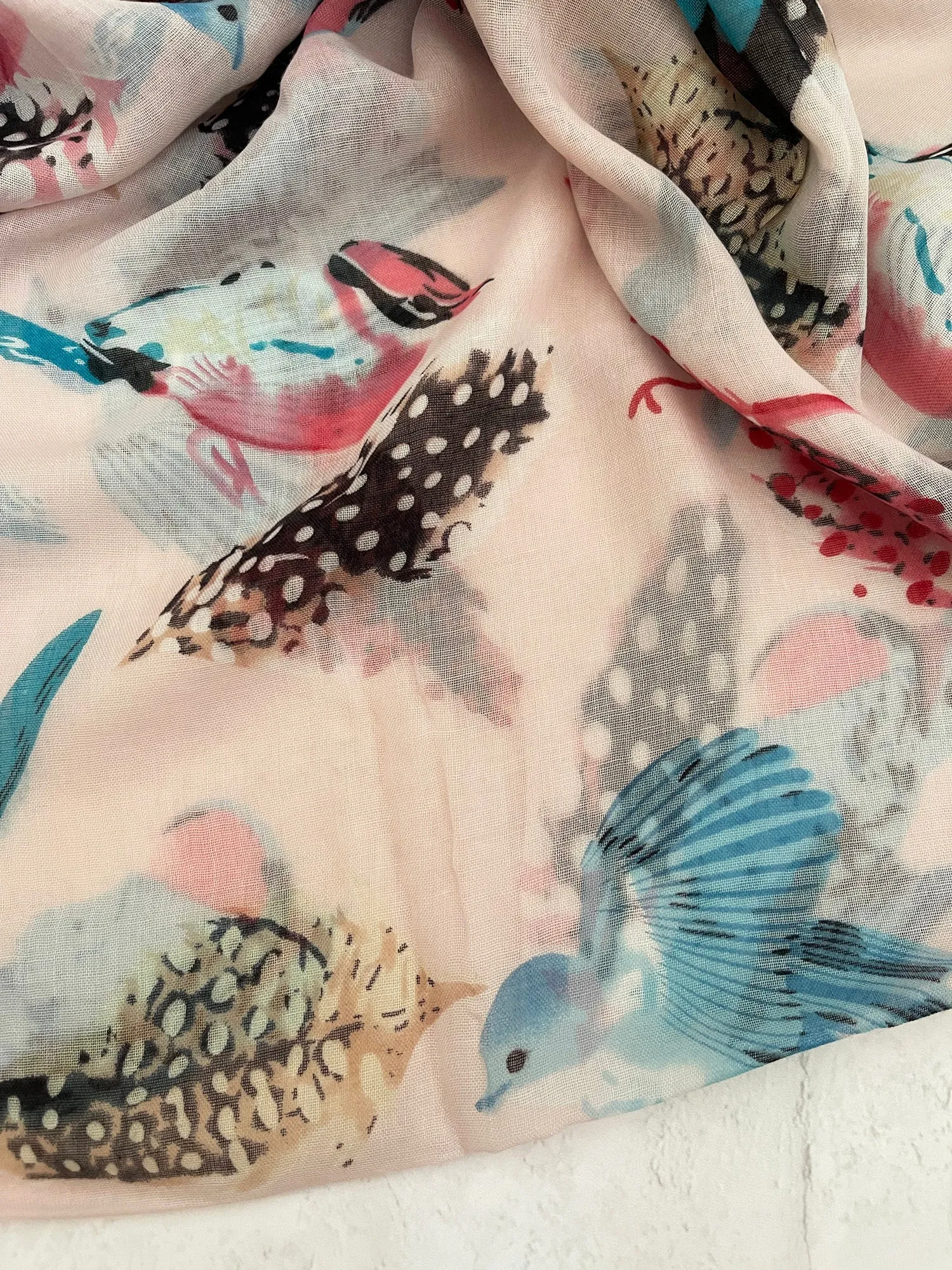 LIGHTWEIGHT BLUSH PINK BIRDS AND FEATHERS SCARF