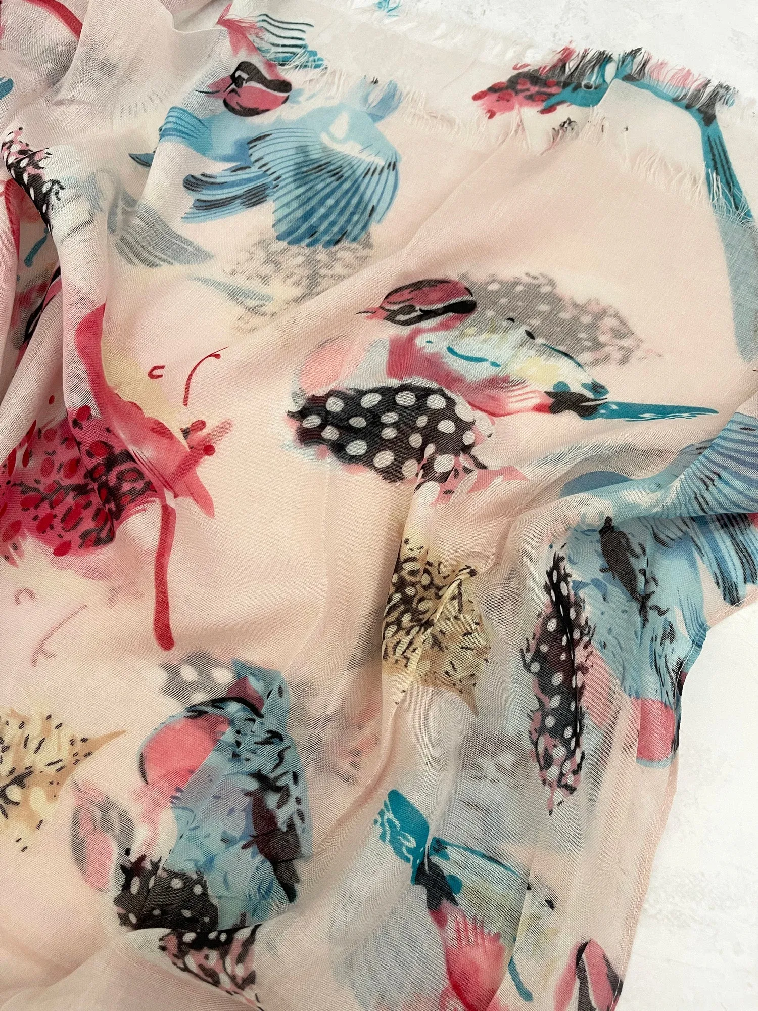 LIGHTWEIGHT BLUSH PINK BIRDS AND FEATHERS SCARF