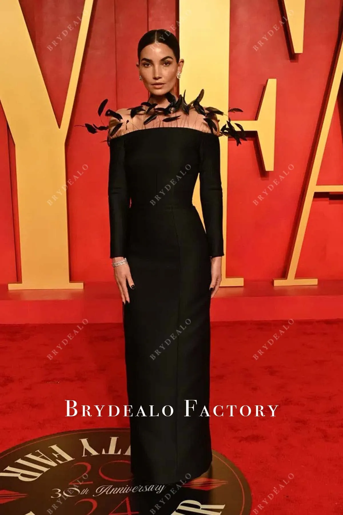 Lily Aldridge Black Feather Off Shoulder 2024 Oscars After Party Dress