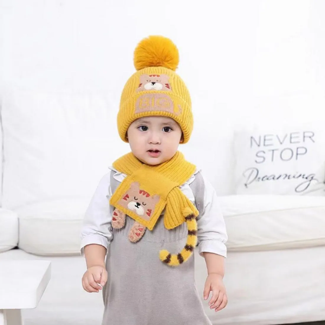 Little Surprise Box Woven Stretchable Woolen Winter Cap For Kids With Matching Neck Muffler Set (3-10Yrs)