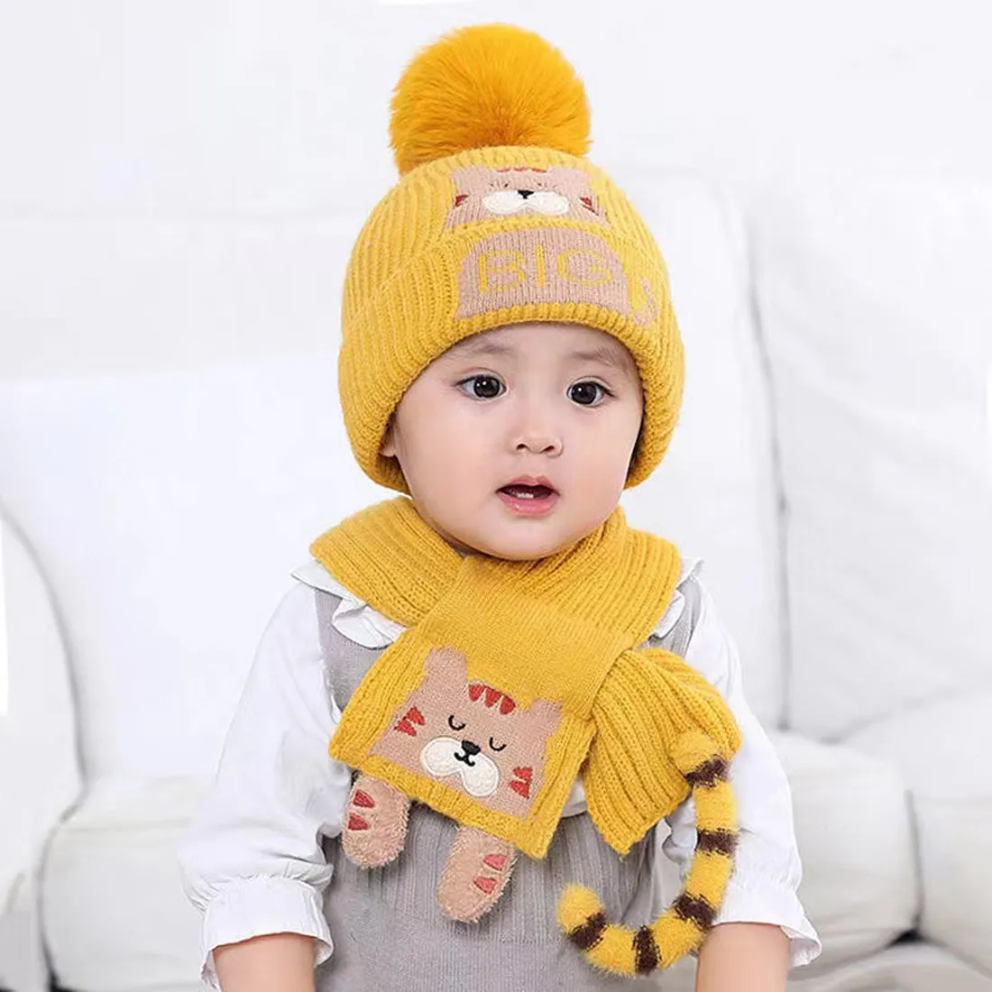 Little Surprise Box Woven Stretchable Woolen Winter Cap For Kids With Matching Neck Muffler Set (3-10Yrs)