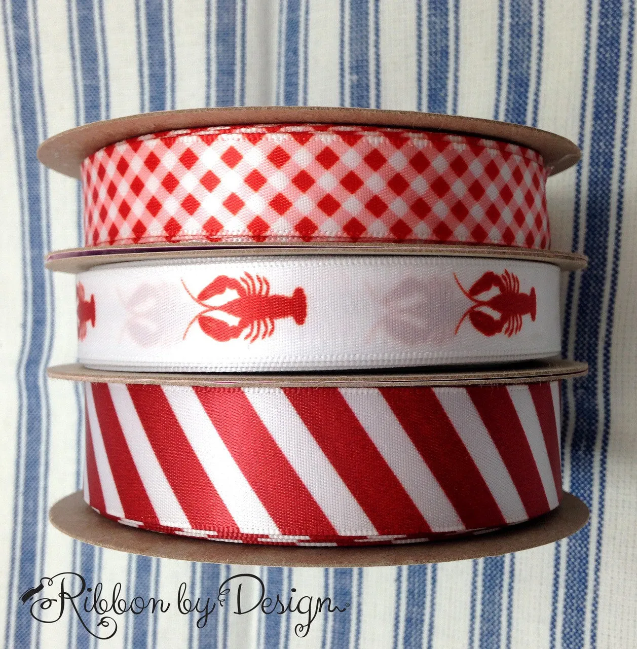 Lobster ribbon red lobsters printed on 5/8" white satin,