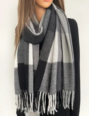 LONG BLACK WHITE WOOL MIX CHECKED TARTAN SCARF