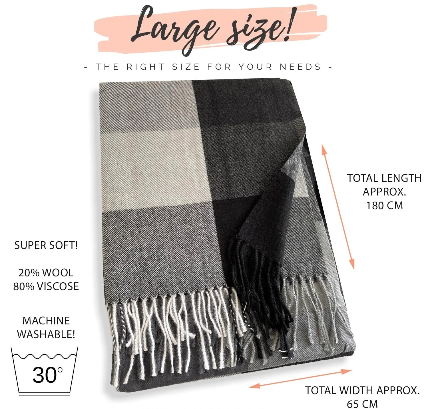 LONG BLACK WHITE WOOL MIX CHECKED TARTAN SCARF