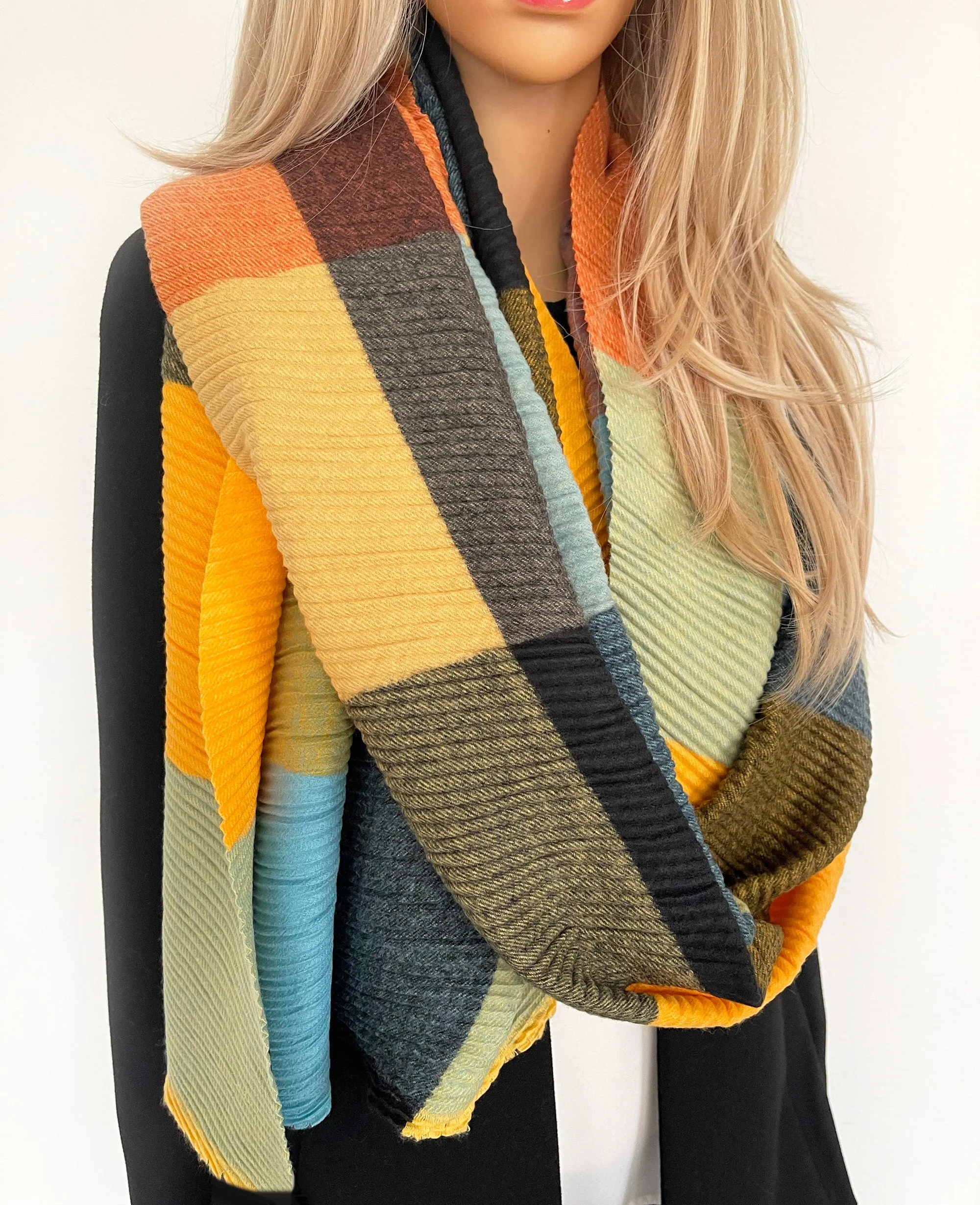 LONG ORANGE CRINKLE MULTICOLOUR WOOL MIX COLOUR BLOCK CHECK SCARF