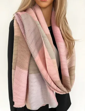 LONG PINK CRINKLE MULTICOLOUR WOOL MIX COLOUR BLOCK CHECK SCARF