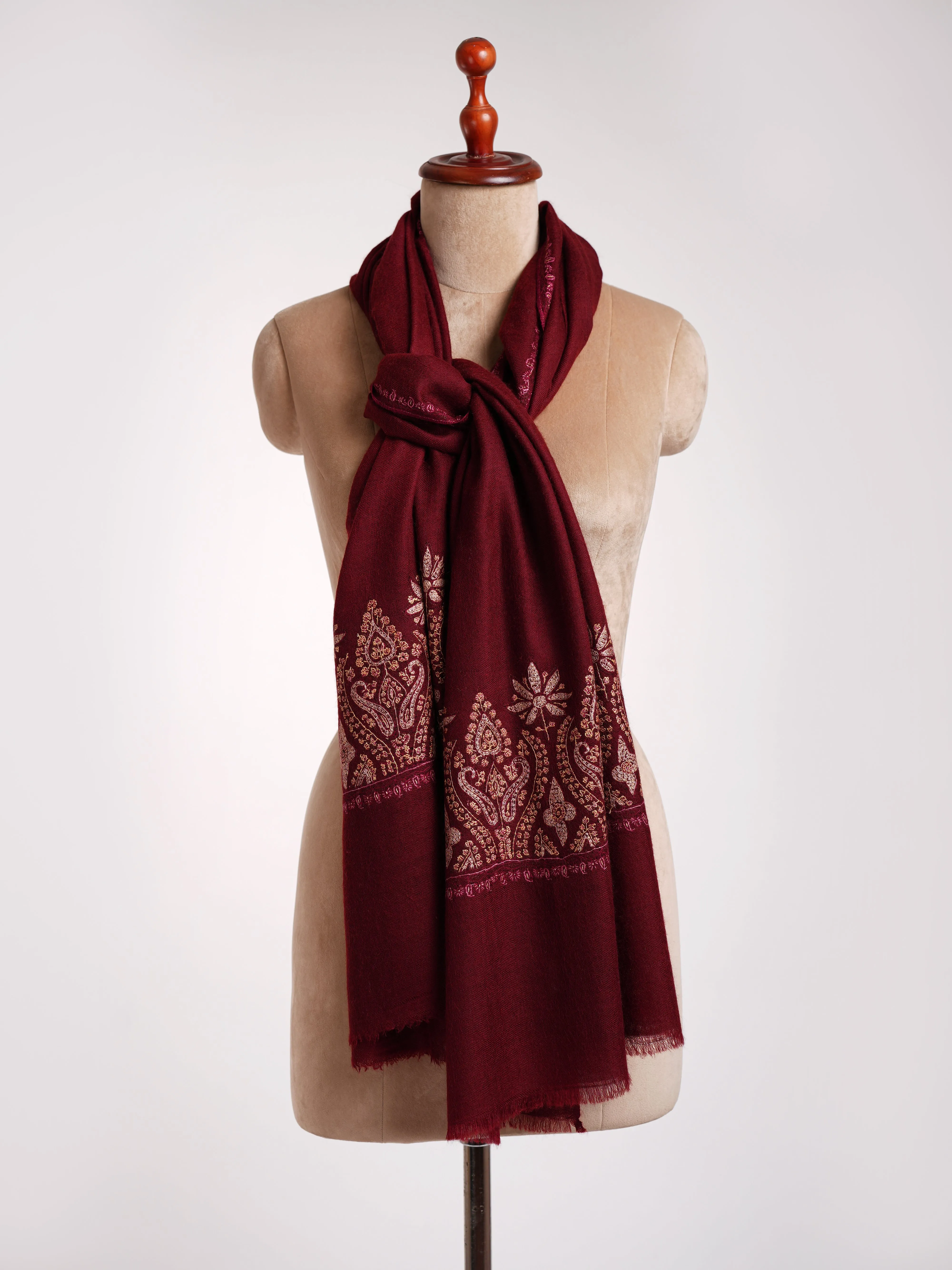 Maroon Palla Sozni Embroidered Cashmere Scarf