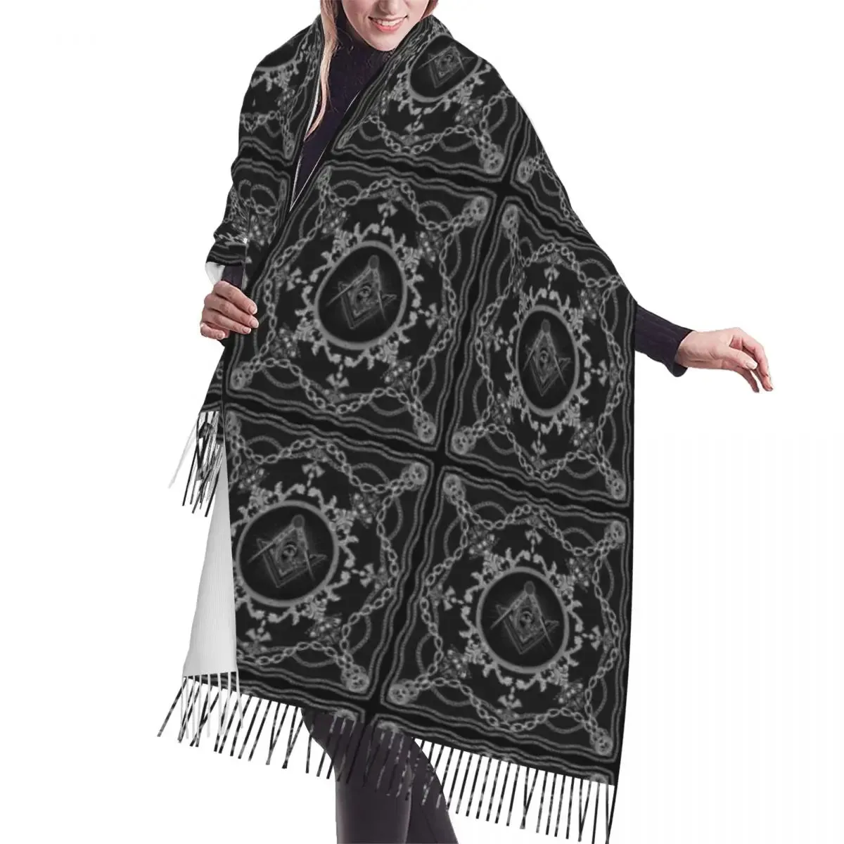 Master Mason Blue Lodge Scarf - Black & Gray Printed With Tassels