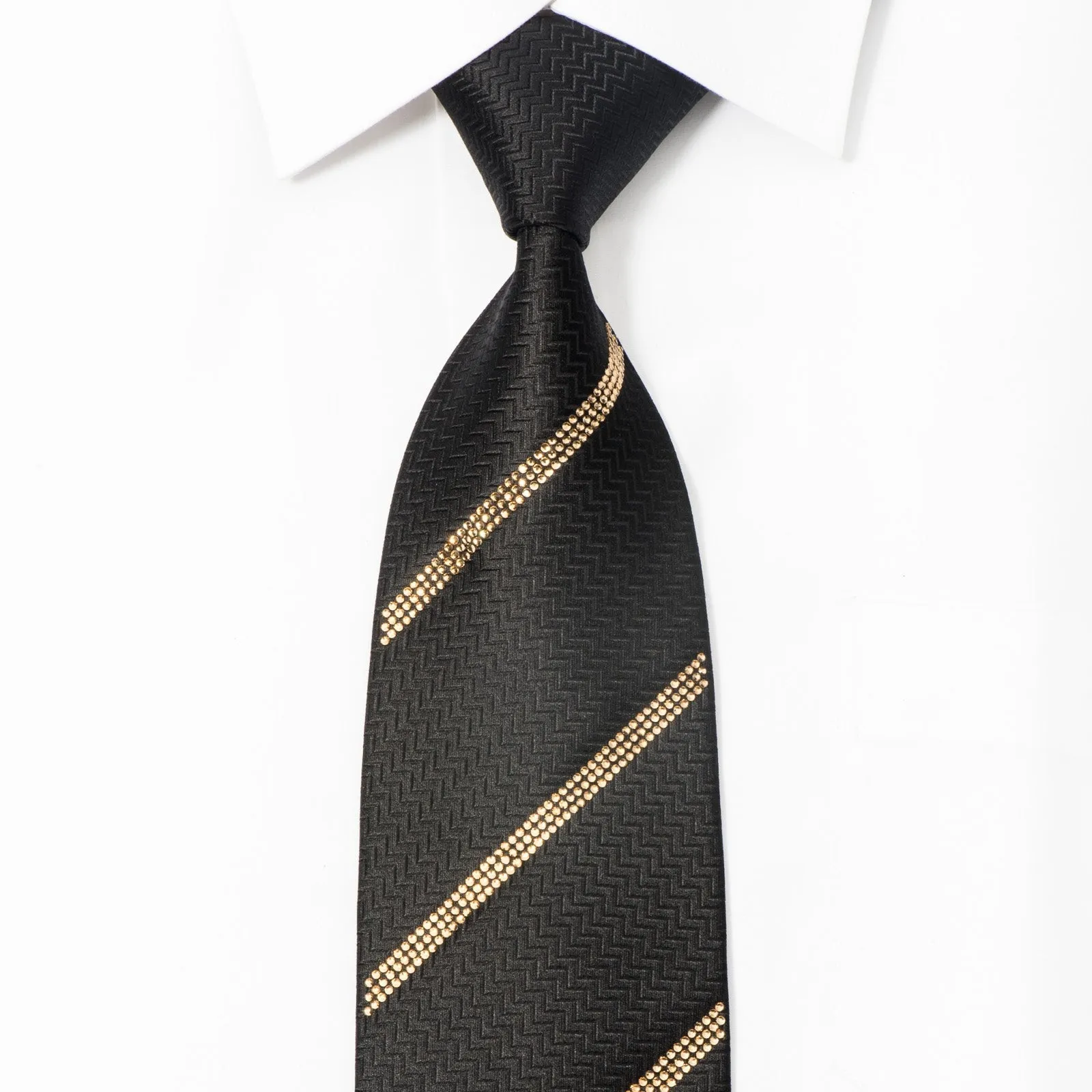 Men's Black Rhinestone Silk Necktie Sparkling With Striped Clear Gold Rhinestones