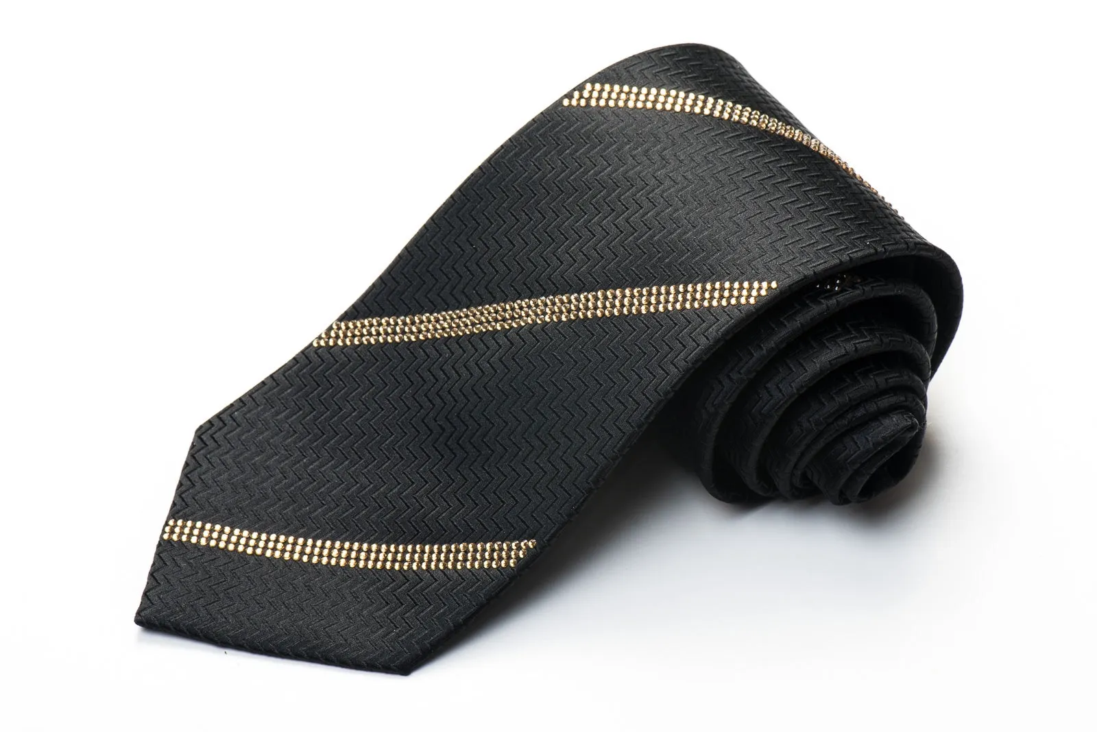 Men's Black Rhinestone Silk Necktie Sparkling With Striped Clear Gold Rhinestones