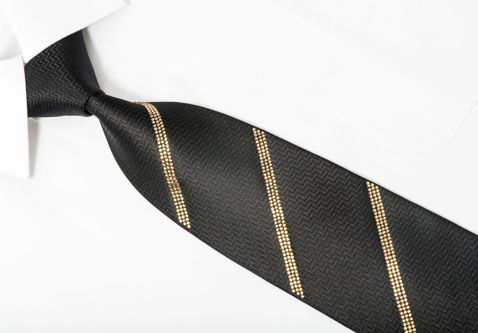 Men's Black Rhinestone Silk Necktie Sparkling With Striped Clear Gold Rhinestones