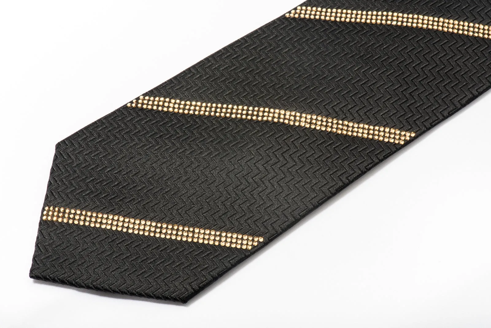 Men's Black Rhinestone Silk Necktie Sparkling With Striped Clear Gold Rhinestones