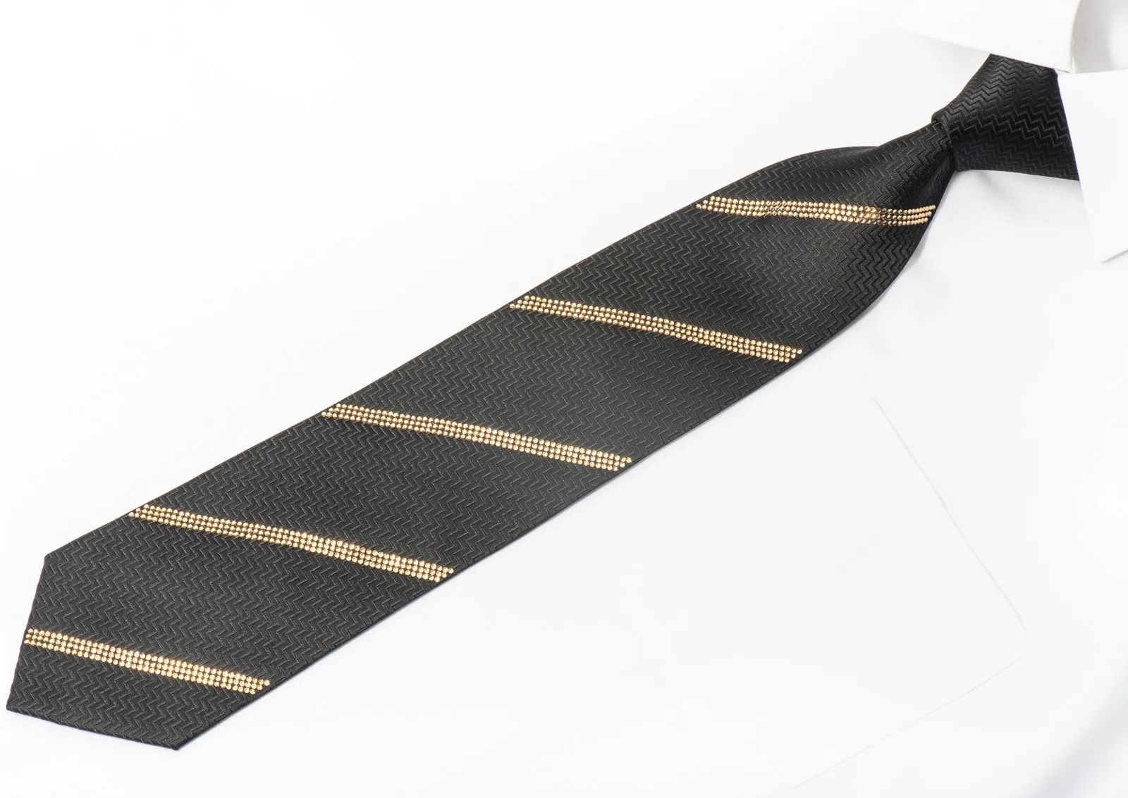 Men's Black Rhinestone Silk Necktie Sparkling With Striped Clear Gold Rhinestones