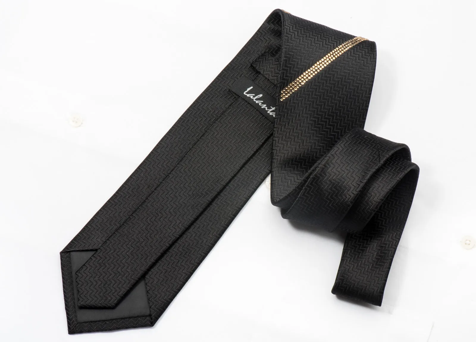 Men's Black Rhinestone Silk Necktie Sparkling With Striped Clear Gold Rhinestones