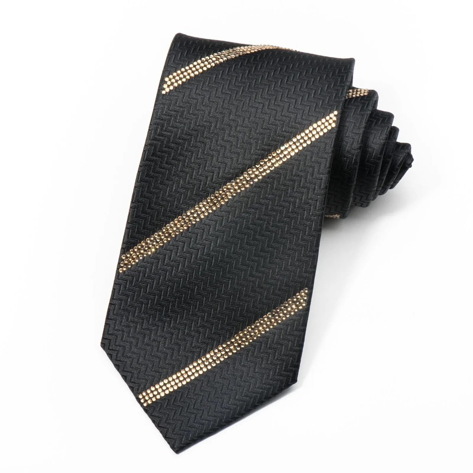 Men's Black Rhinestone Silk Necktie Sparkling With Striped Clear Gold Rhinestones