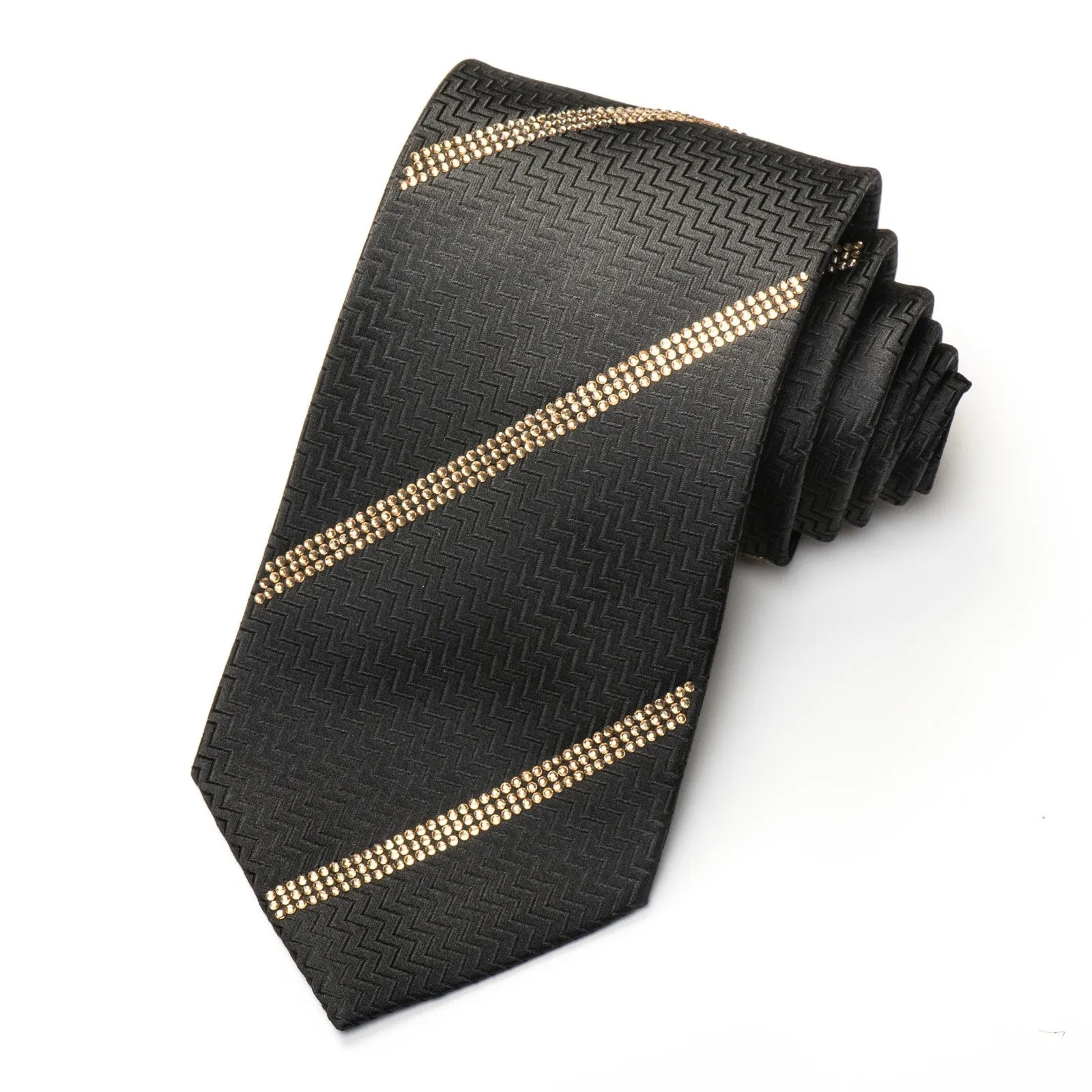 Men's Black Rhinestone Silk Necktie Sparkling With Striped Clear Gold Rhinestones