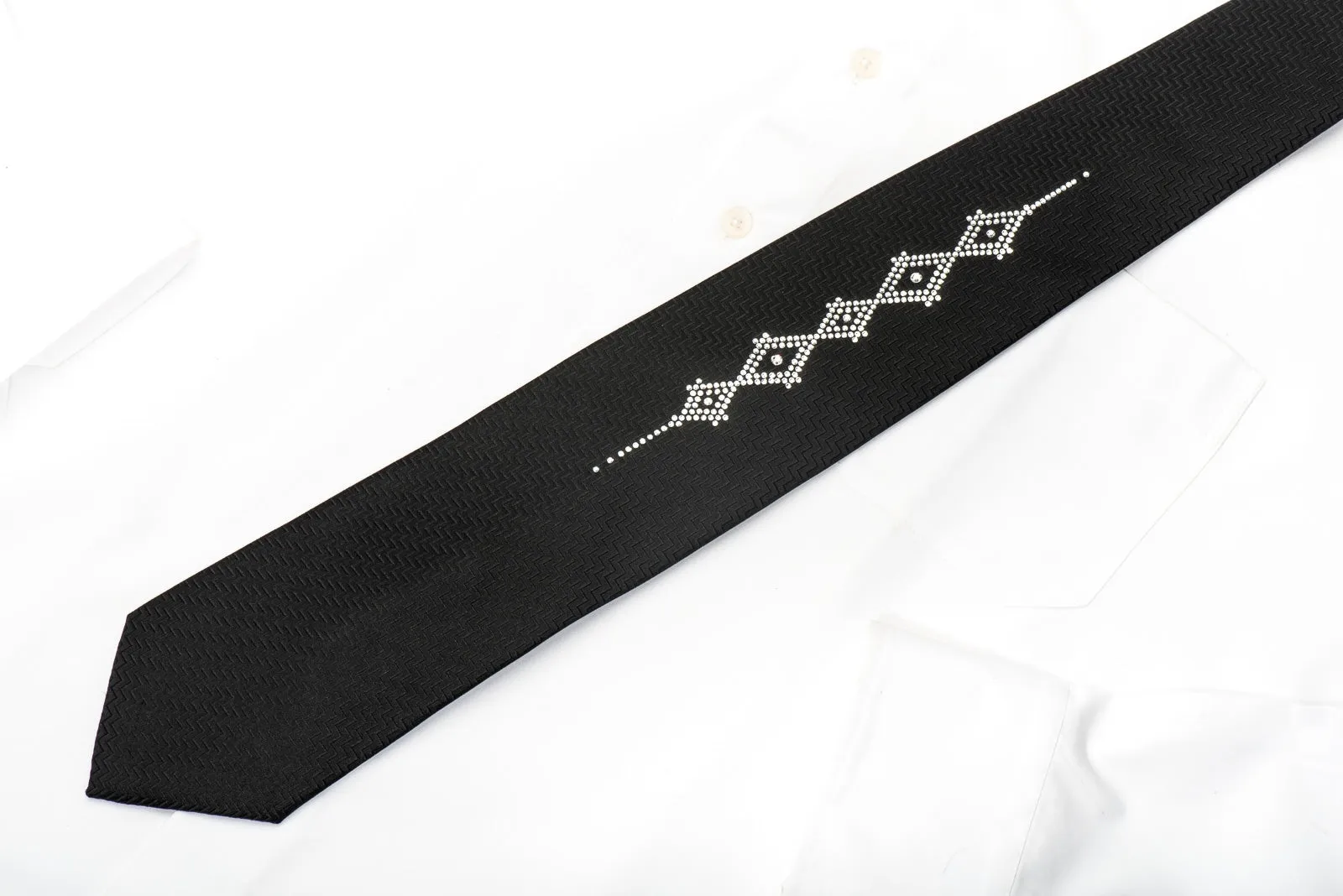 Men's Black Silk Tie Geometric Crystal Design Rhinestone Necktie By Lalanta