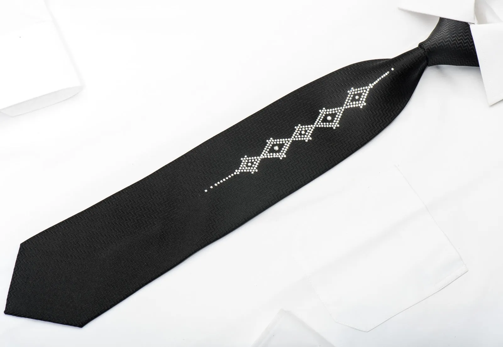 Men's Black Silk Tie Geometric Crystal Design Rhinestone Necktie By Lalanta