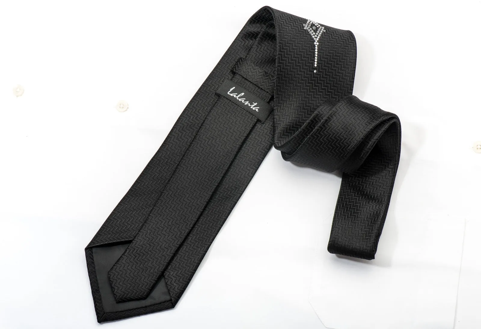 Men's Black Silk Tie Geometric Crystal Design Rhinestone Necktie By Lalanta