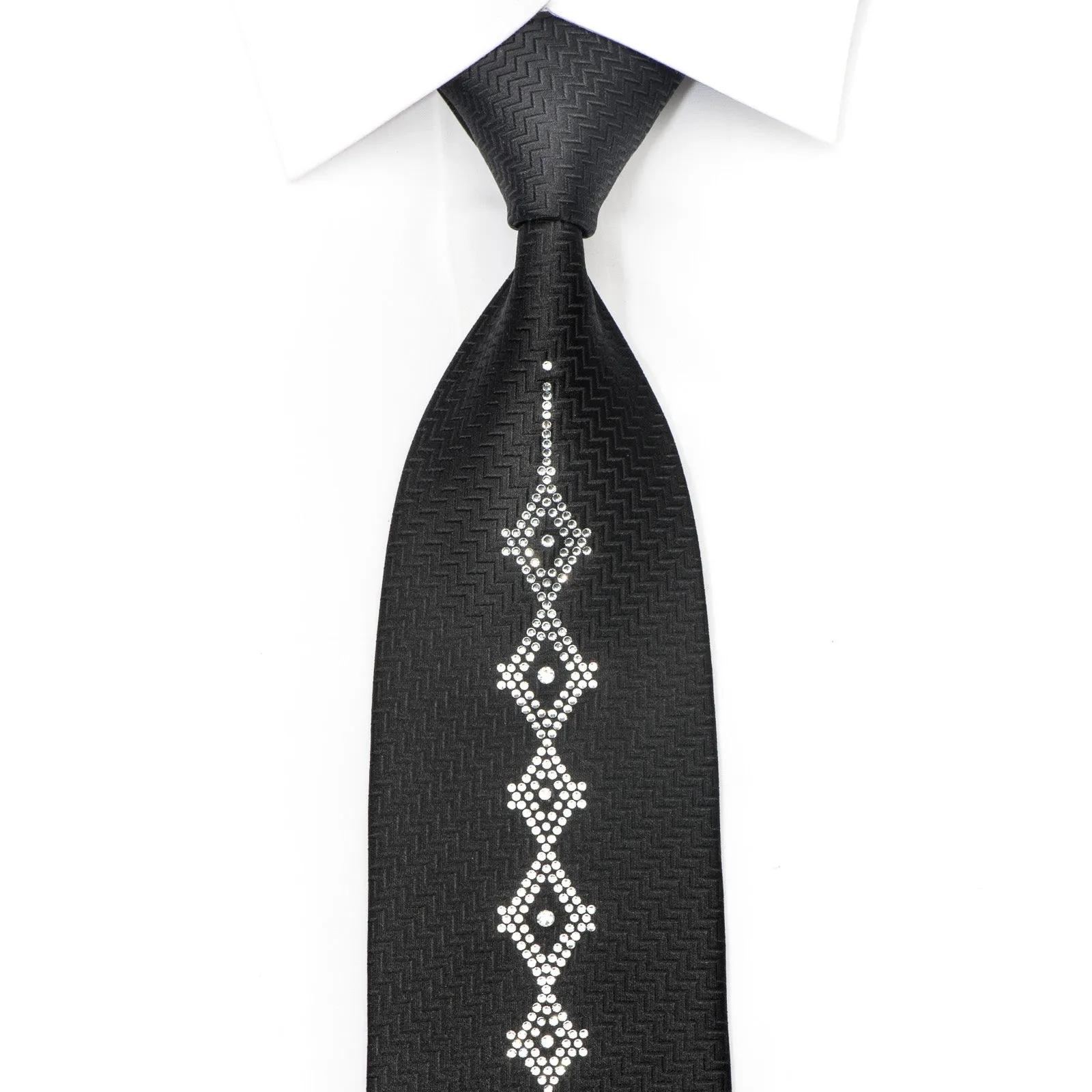 Men's Black Silk Tie Geometric Crystal Design Rhinestone Necktie By Lalanta