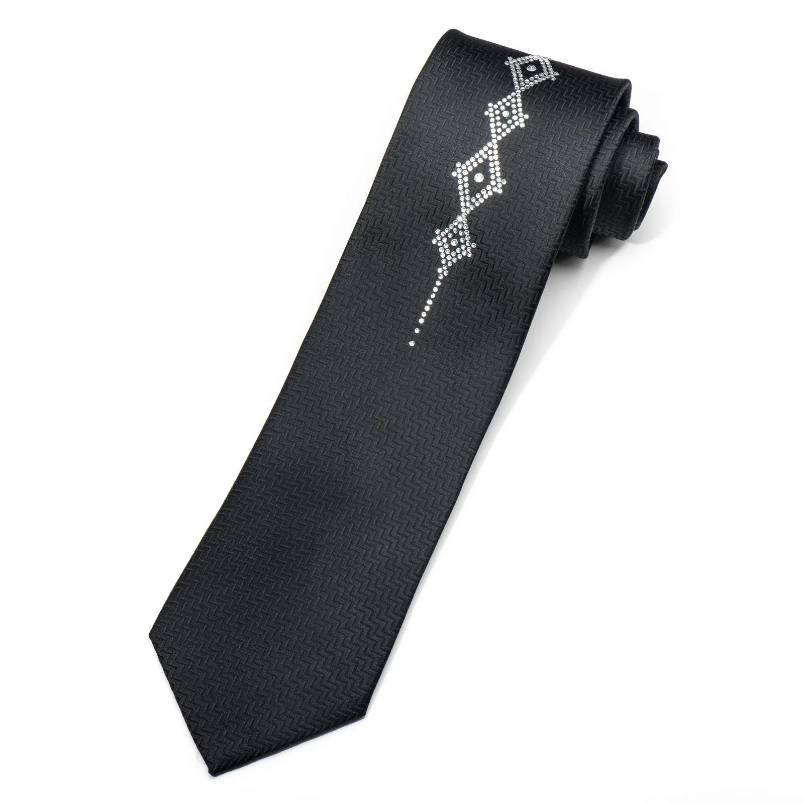 Men's Black Silk Tie Geometric Crystal Design Rhinestone Necktie By Lalanta