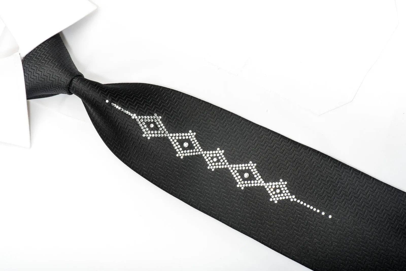 Men's Black Silk Tie Geometric Crystal Design Rhinestone Necktie By Lalanta